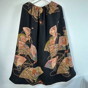 Citron Santa Monica Womens Japanese Print Midi Skirt Black Brown Elastic Waist